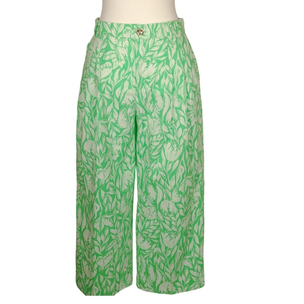 Lilly Pulitzer Mandalay Green White Floral Wide Leg‎ Crop Pants Womens 4